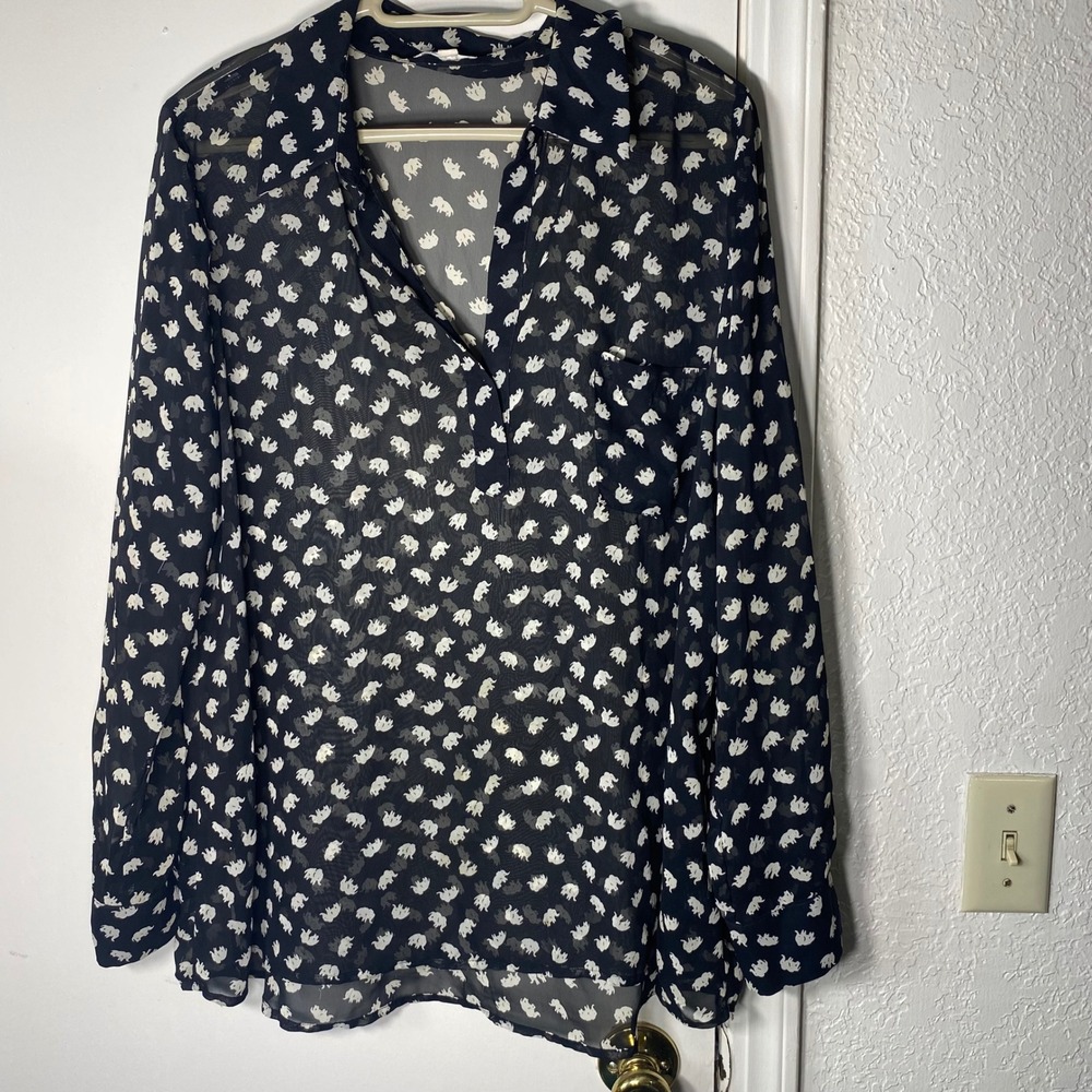 Pleione‎ Womens Elephant Print Sheer Chiffon V-Neck Blouse Large